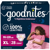 GoodNites envase frontal XL mostrando cantidad y tamaño, beneficio discreción