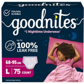 GoodNites frente del empaque mostrando 75 unidades y beneficio de protección