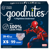 GoodNites frente del paquete mostrando cantidad y talla, protección confiable