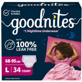 GoodNites paquete frontal mostrando tamaño L y confianza nocturna