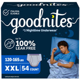 GoodNites empaque frontal XXL 54 ct mostrando protección nocturna