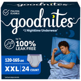 GoodNites paquete frontal XXL mostrando 24 unidades y ventaja de protección
