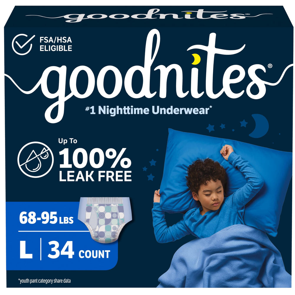 GoodNites paquete frontal mostrando 34 unidades y confianza nocturna