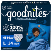 GoodNites paquete frontal mostrando 34 unidades y confianza nocturna