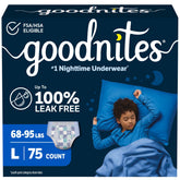 GoodNites paquete frontal talla L mostrando diseño y volumen protector