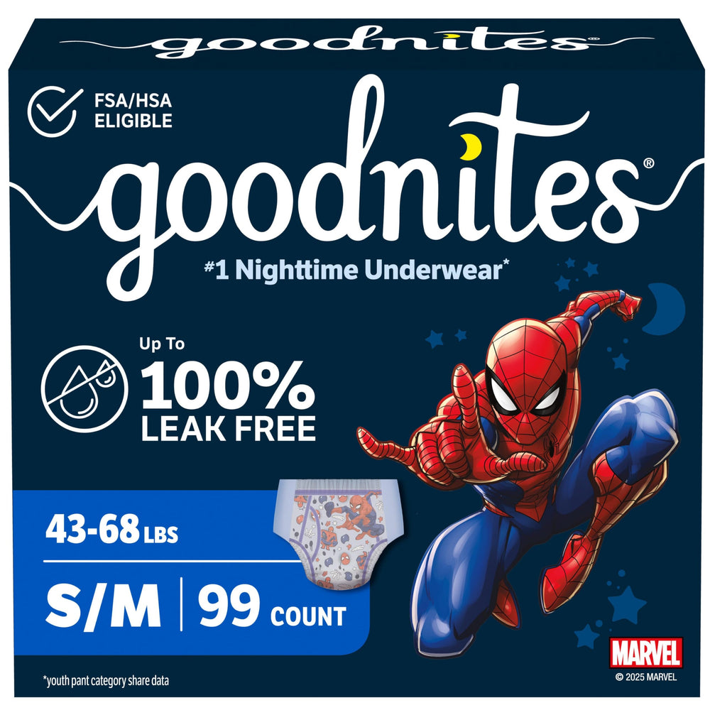 GoodNites paquete frontal mostrando 99 unidades y protección nocturna
