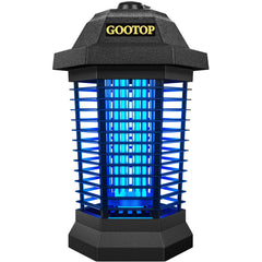 GOOTOP vista frontal del mata insectos para uso exterior con carcasa negra y diseño colgante