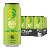 Gorilla Mind lata frontal mostrando diseño y sabor Citrus Rain, refresco sin azúcar