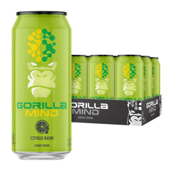 Gorilla Mind lata frontal mostrando diseño y sabor Citrus Rain, refresco sin azúcar