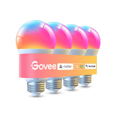 Govee bombilla A19 frontal del paquete mostrando diseño y forma, luz potente