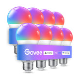 Govee paquete frontal con ocho bombillas A19 mostrando caja y producto beneficiando instalación múltiple