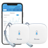 Govee sensor frontal y empaque mostrando dos unidades y beneficios de monitorización