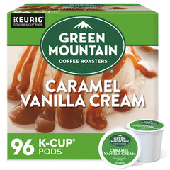 Green Mountain Coffee Roasters frente del paquete Caramel Vanilla Cream mostrando tamaño y marca