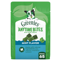 Greenies empaque frontal mostrando Anytime Bites y beneficio práctico