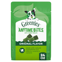 Greenies paquete frontal mostrando Anytime Bites y beneficios de entrenamiento