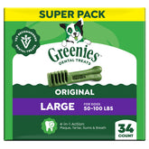 Greenies empaque frontal mostrando 34 unidades y beneficios dentales de la marca Greenies