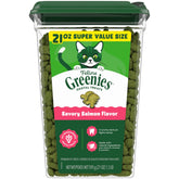 Greenies empaque frontal mostrando sabor salmón y beneficio dental