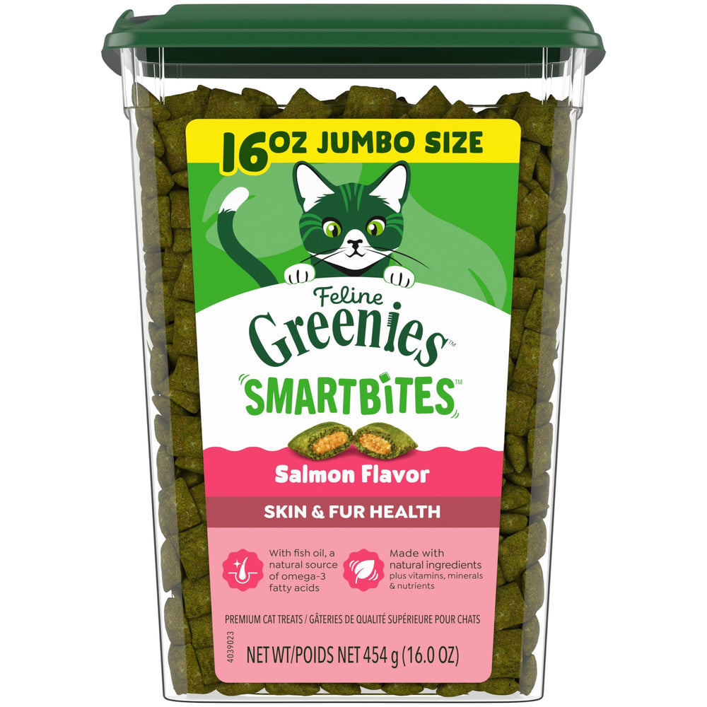 Greenies paquete frontal mostrando Smartbites salmón y beneficio piel