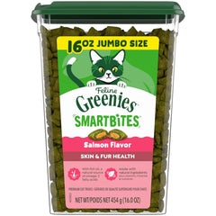 Greenies paquete frontal mostrando Smartbites salmón y beneficio piel