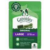 Greenies empaque frontal mostrando producto y cantidad, beneficio limpieza dental
