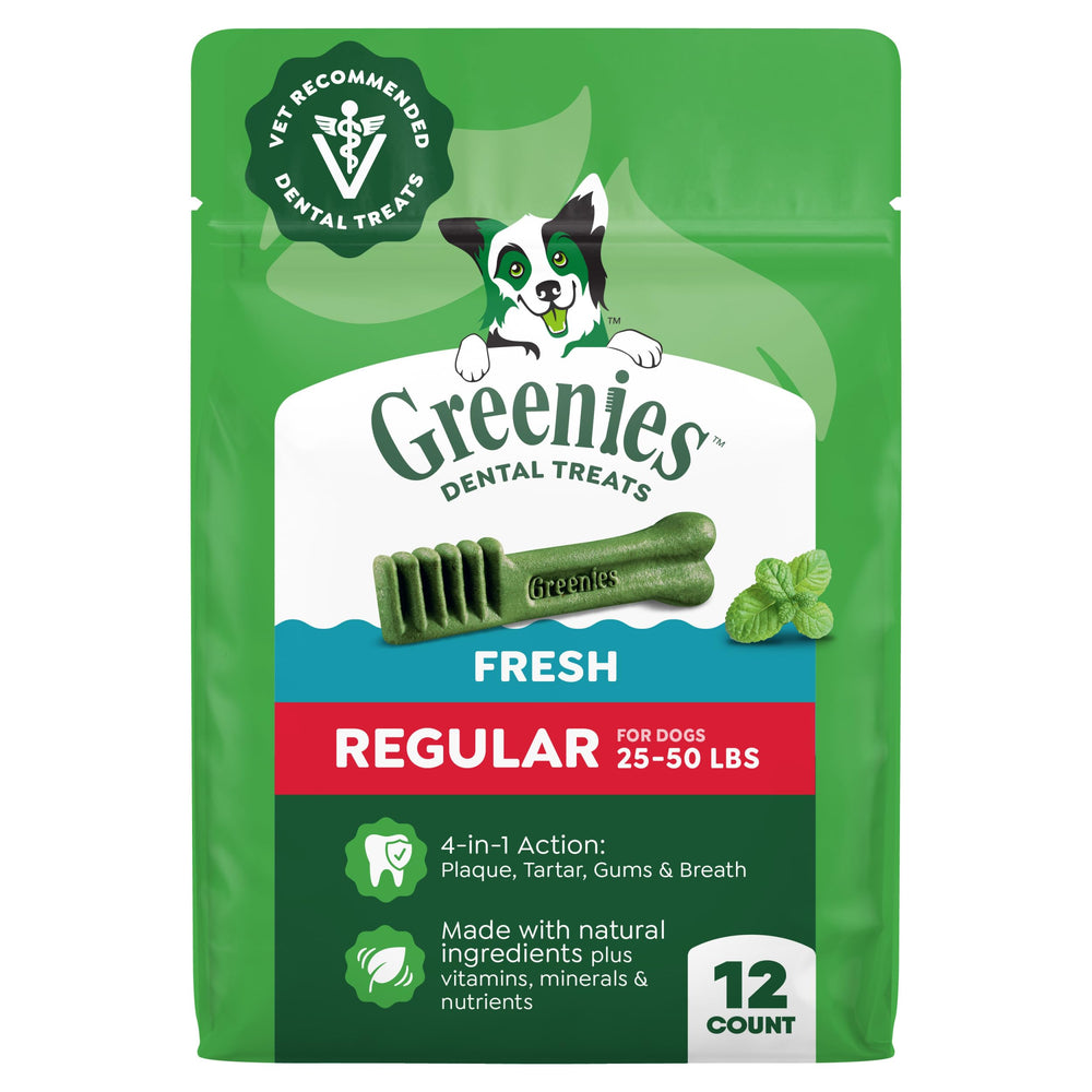Greenies frente del paquete mostrando 12 unidades y beneficios dentales