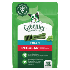 Greenies frente del paquete mostrando 12 unidades y beneficios dentales