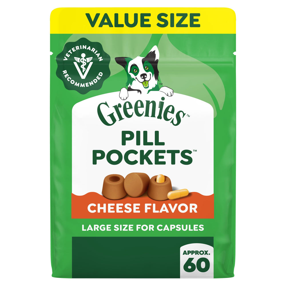 Greenies empaque frontal Pill Pockets queso mostrando beneficio conveniencia