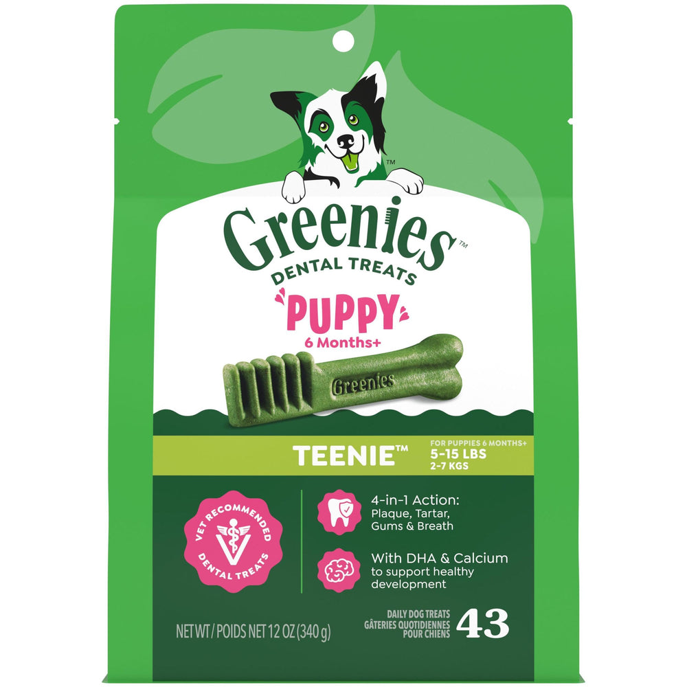 Greenies empaque frontal Puppy Teenie mostrando cantidad y sabor, beneficios dentales