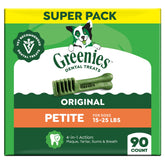 Greenies paquete frontal petite 90 conteo, muestra tamaño y beneficio dental
