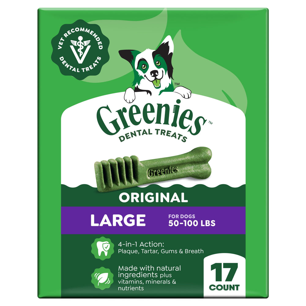 Greenies paquete frontal mostrando 17 unidades y beneficio limpieza dental