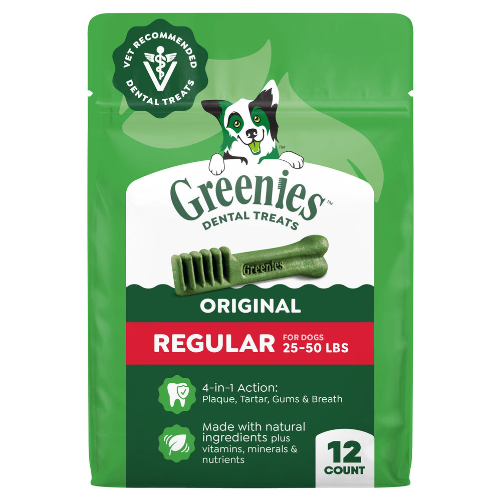 Greenies frente del paquete mostrando 12 unidades y beneficios dentales