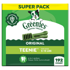 Greenies paquete Teenie frente mostrando cantidad 192 y fácil uso