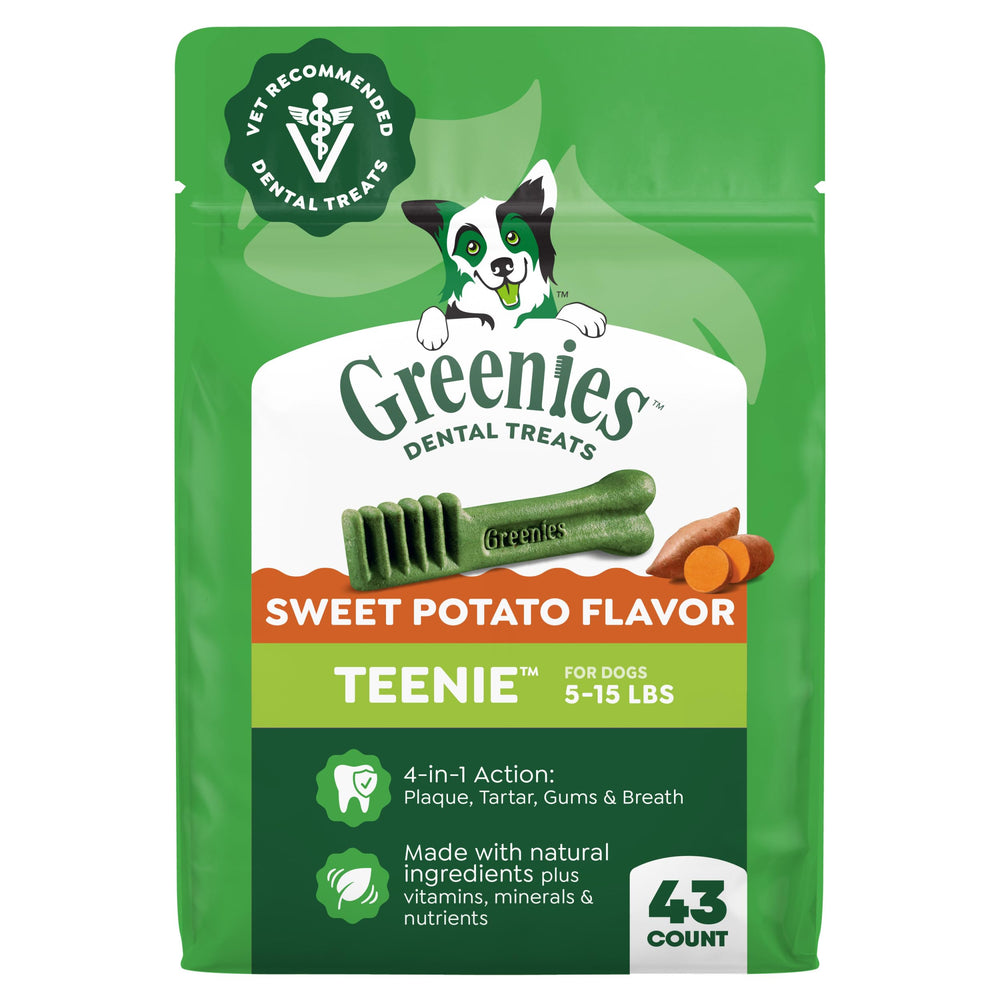 Greenies Teenie frente del paquete mostrando 43 unidades y beneficios dentales