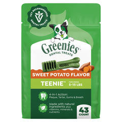 Greenies Teenie frente del paquete mostrando 43 unidades y beneficios dentales