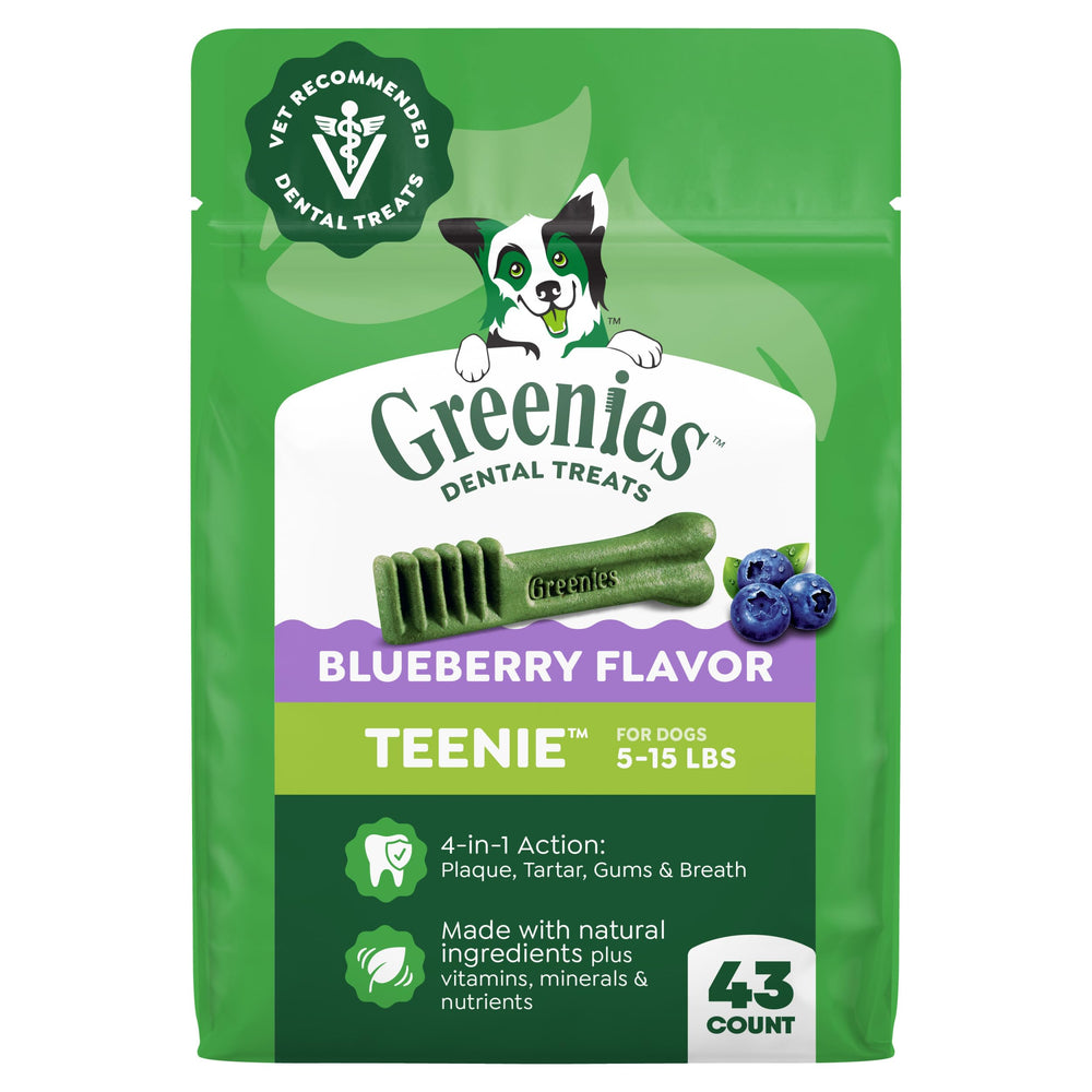 Greenies presentación delantera con sabor arándano que muestra el envase y beneficios visibles.