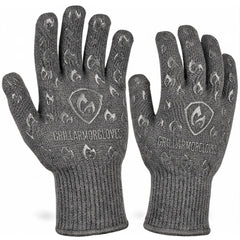 Grill Armor Gloves vista frontal del empaque y guantes mostrando diseño y protección