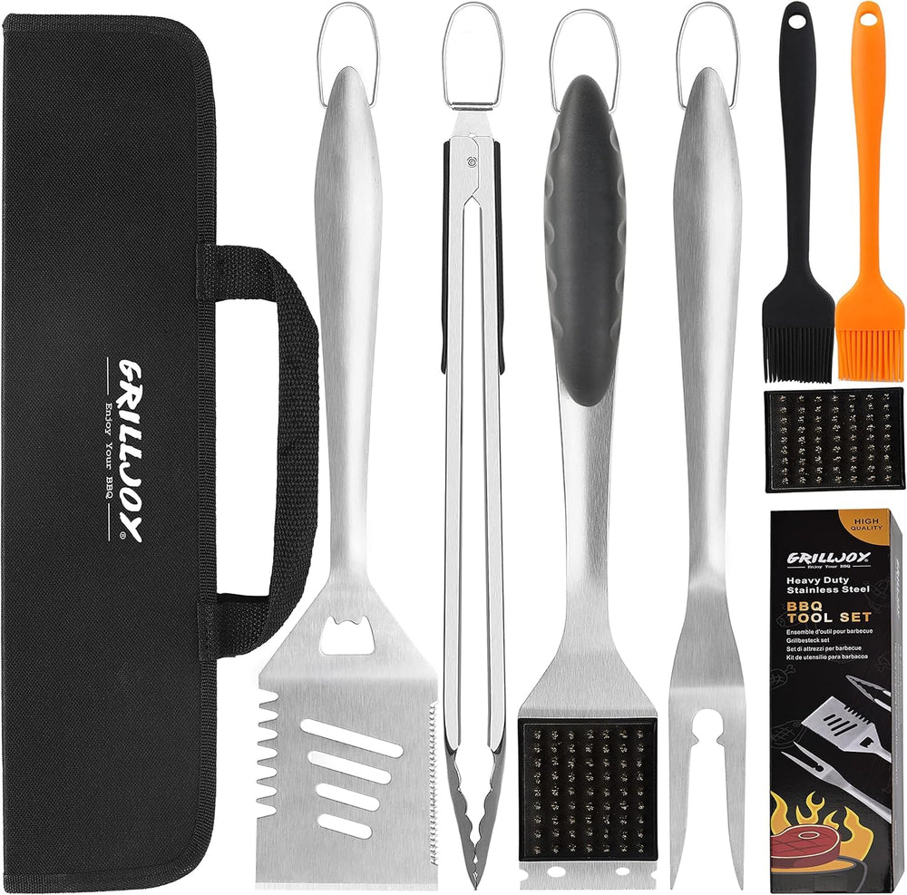 grilljoy front view showing all eight tools and portable bag for organized grilling