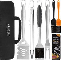 grilljoy front view showing all eight tools and portable bag for organized grilling