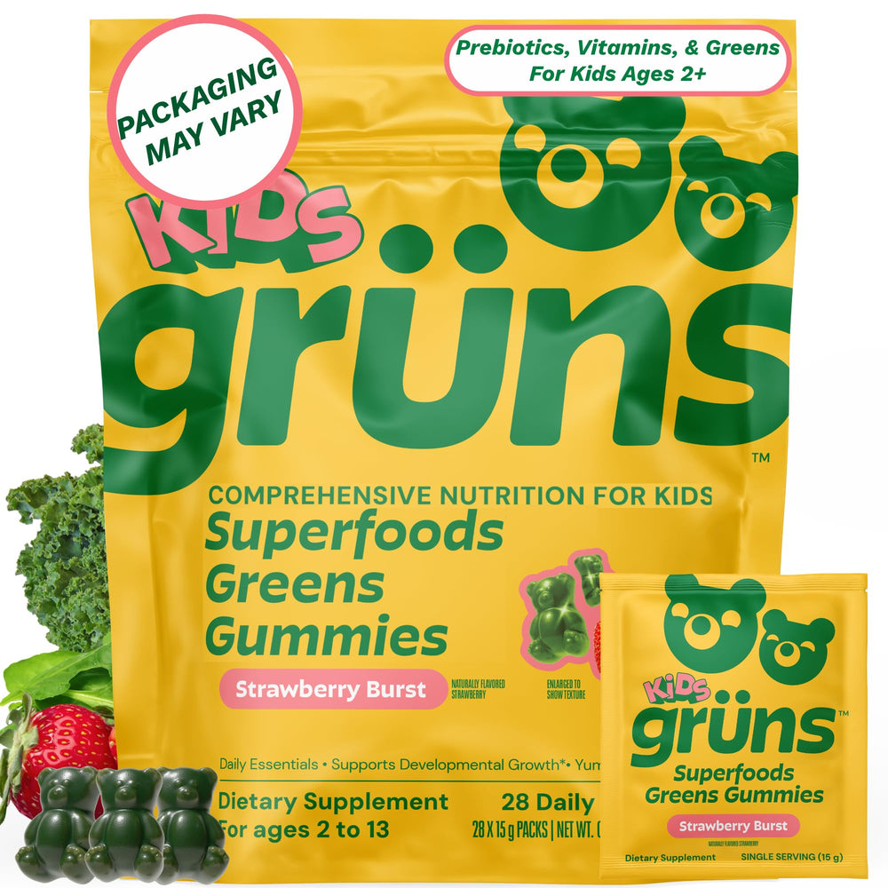 Grüns frente del empaque mostrando 28 gomitas, práctico y compacto
