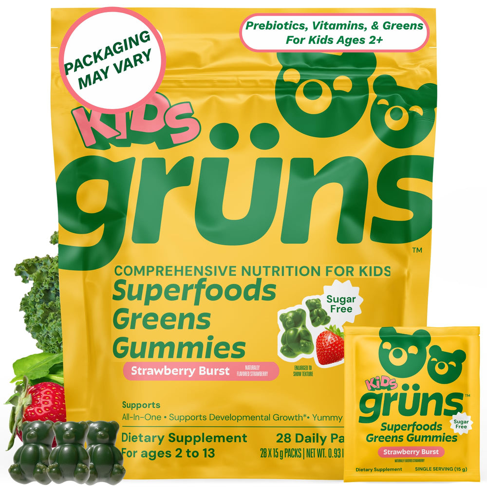 Grüns front packaging showing 28ct sugar-free gummies for easy daily nutrition