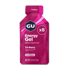 GU Energy gel Tri-Berry frente del empaque mostrando sabor y beneficios