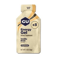 GU Energy paquete frontal mostrando gel vainilla y beneficios energéticos