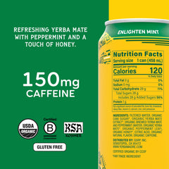 Guayaki lata Enlighten Mint en primer plano mostrando etiqueta y frescura