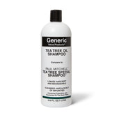Generic Value Products envase frontal de champú con aceite de árbol de té mostrando tamaño 33.8 oz y beneficio shampoo duradero