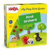 HABA caja frontal del juego First Orchard mostrando componentes y colores vibrantes