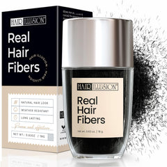 Hair Illusion envase frontal negro mostrando el producto y beneficios