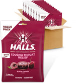 HALLS frente del empaque con sabor cereza negra y ventaja de suministro