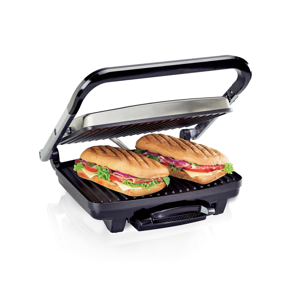 Hamilton Beach frontal del producto mostrando diseño compacto y beneficios de cocina rápida