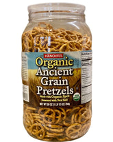 Hanover barril frontal mostrando pretzels orgánicos para almacenamiento práctico