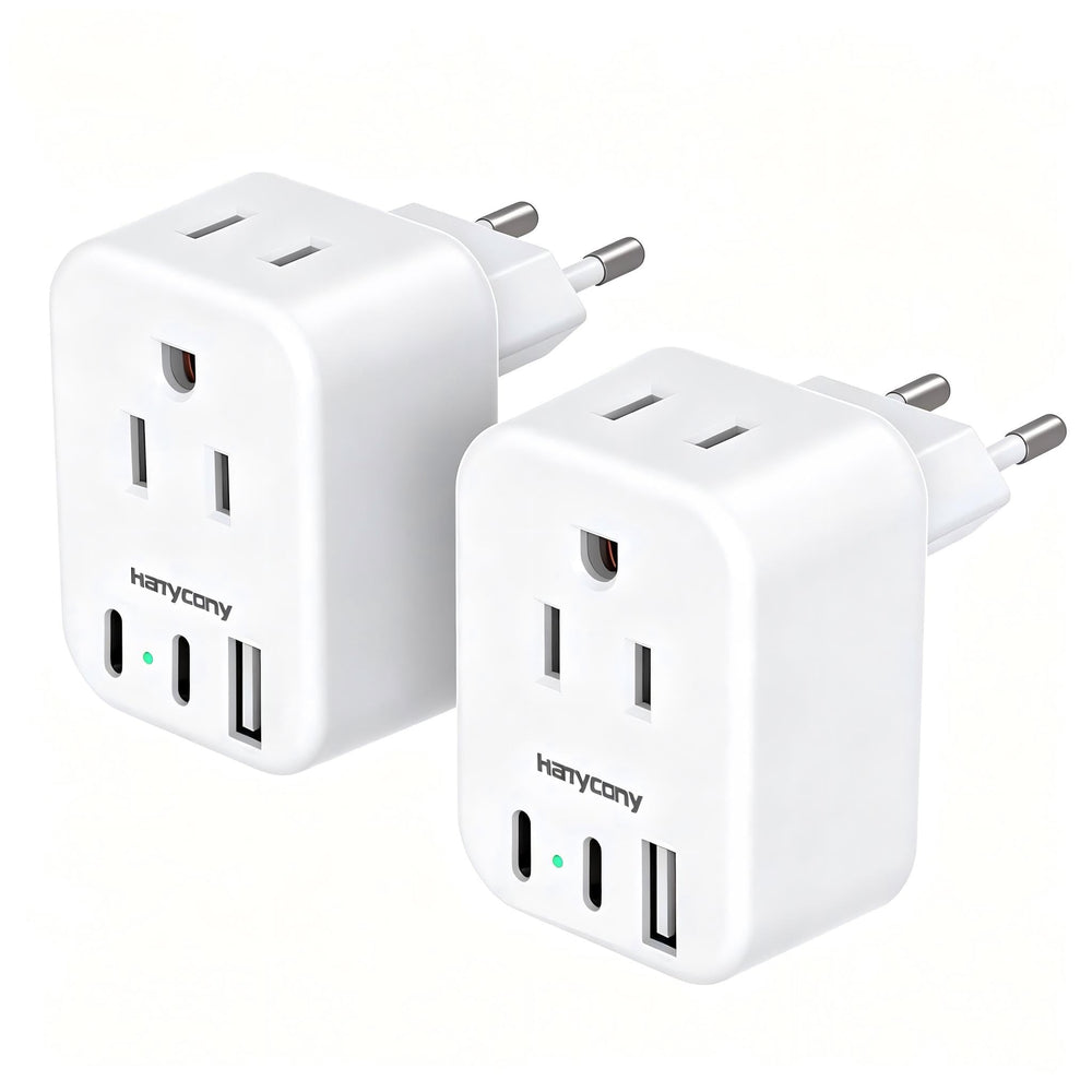 HANYCONY vista frontal del adaptador pack 2 mostrando tomas y puertos, práctico en viajes